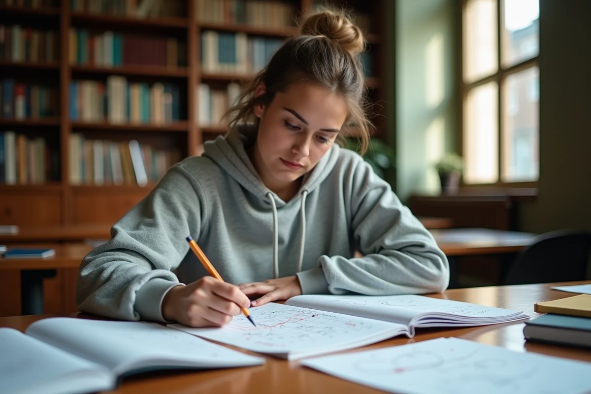 Étudiante révisant l'équation réduite de la tangente avec des notes manuscrites et des manuels de mathématiques sur un bureau en bois à la bibliothèque universitaire