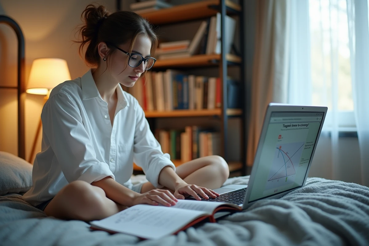 Étudiante révisant l'équation réduite de la tangente sur son ordinateur portable avec des notes colorées dans sa chambre d'étudiant