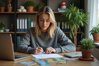 Femme analyant des cartes Pokémon sur un bureau en bois avec une checklist, évaluant la fiabilité d'un shop en ligne