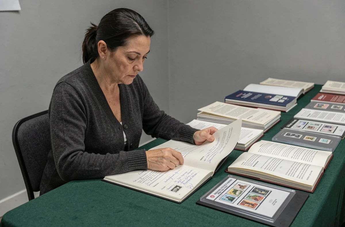 Experte en philatélie évaluant un timbre rare français coté dans un catalogue de vente aux enchères
