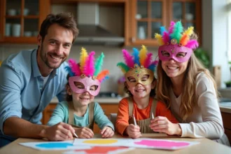 Famille souriante avec masques de carnaval faits main