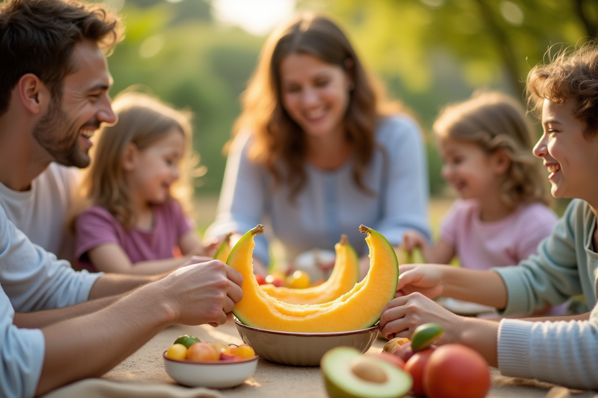 Famille heureuse partageant un pique-nique avec melon et fruits
