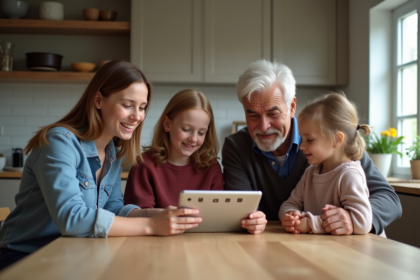 Famille multigenerational autour d'une table avec tablette