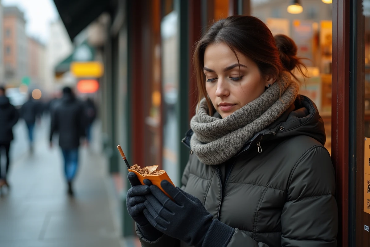 Femme dehors examinant un pouch de tabac dans une rue urbaine