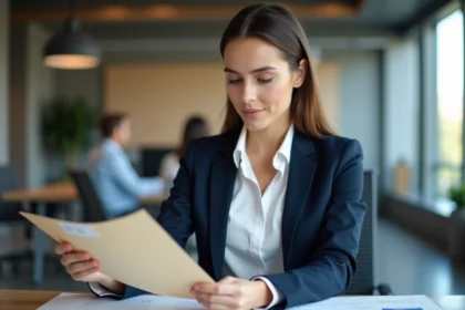 Femme d'affaires en bureau avec enveloppes et documents