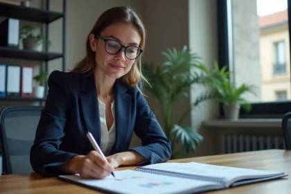Femme d'affaires française en suitée bleue examine des documents financiers