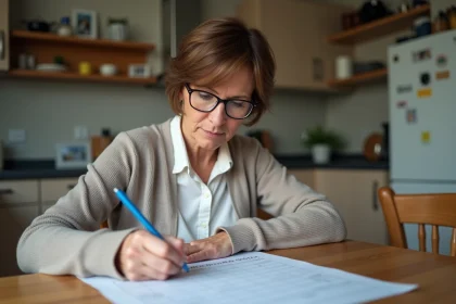 Femme concentrée remplissant une attestation d'hébergement dans la cuisine