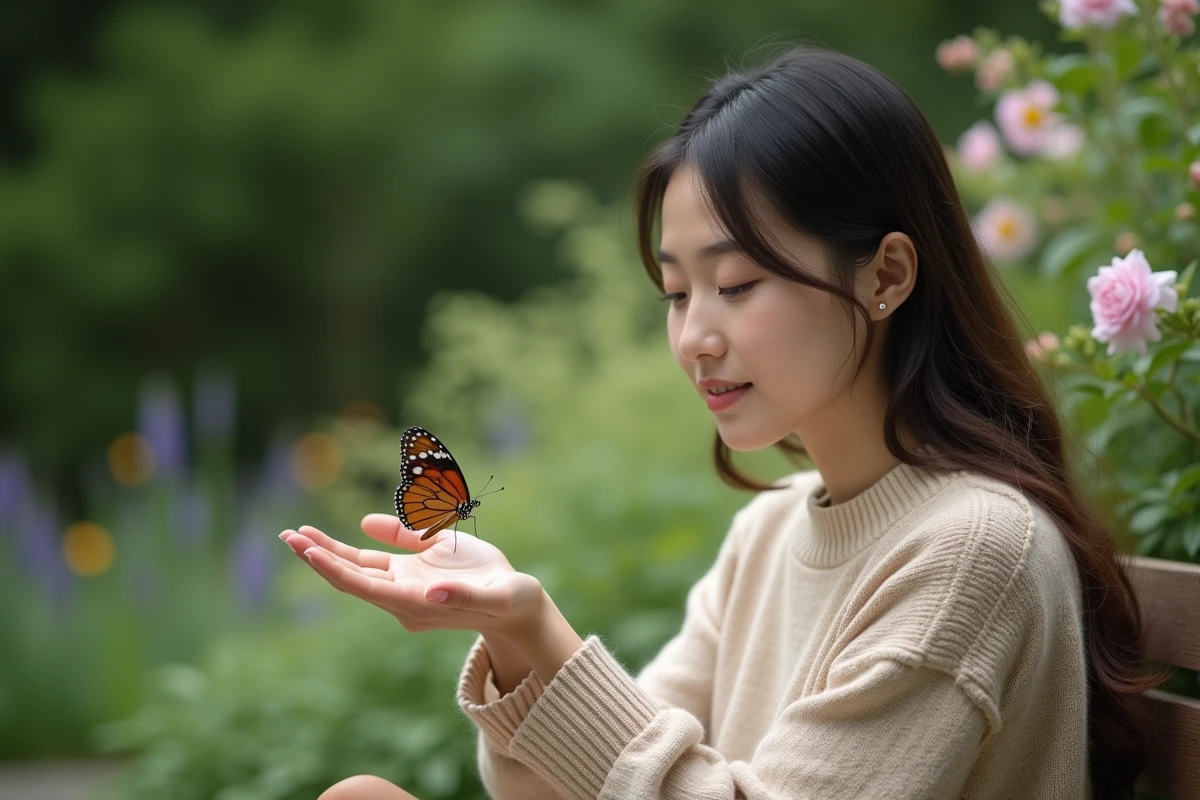 Jeune femme avec papillon sur la main dans un jardin