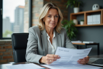 Femme d'âge moyen dans un bureau moderne examine des documents
