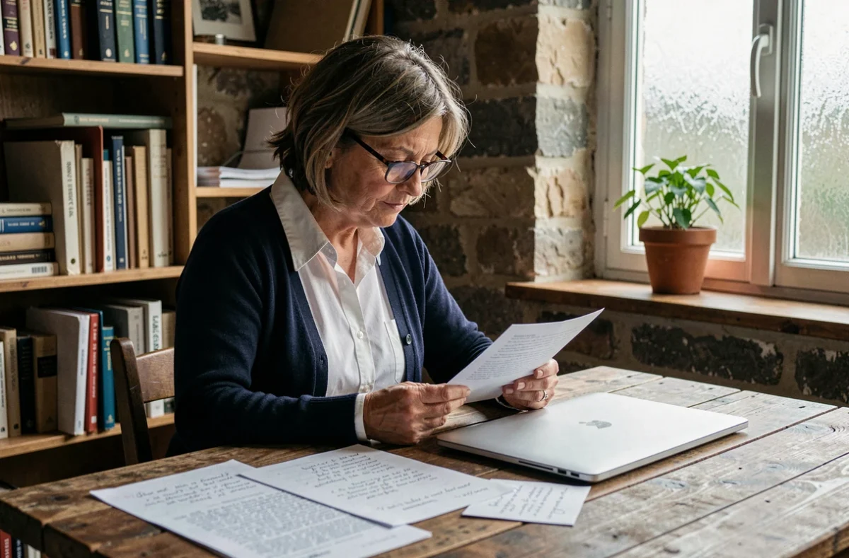 Femme concentrée travaillant à un bureau en bois dans une pièce intime aux murs en pierre, entourée de livres et de notes manuscrites, illustrant une vie intellectuelle retirée loin des médias