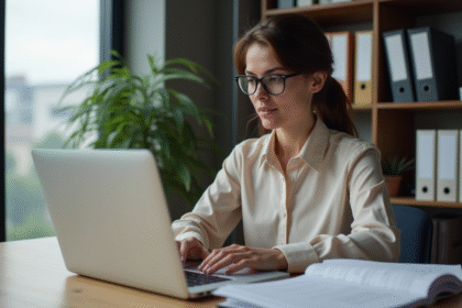 Femme au bureau examinant des factures numériques
