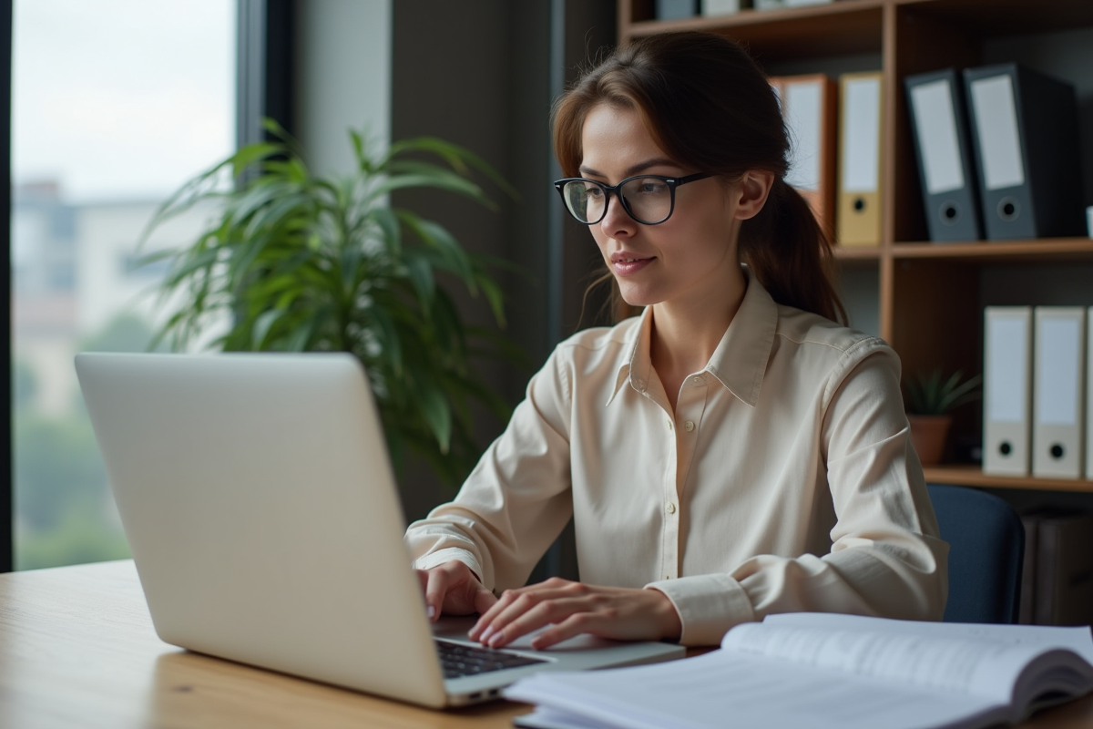 Femme au bureau examinant des factures numériques
