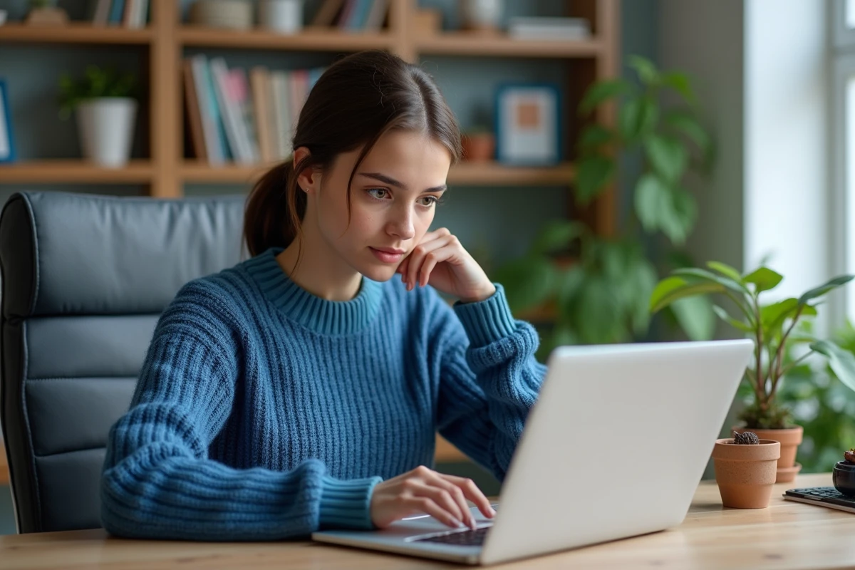 Jeune femme au bureau utilisant un ordinateur portable
