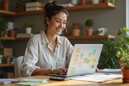 Femme consultant un calendrier de journées mondiales sur un ordinateur portable dans un bureau à domicile chaleureux