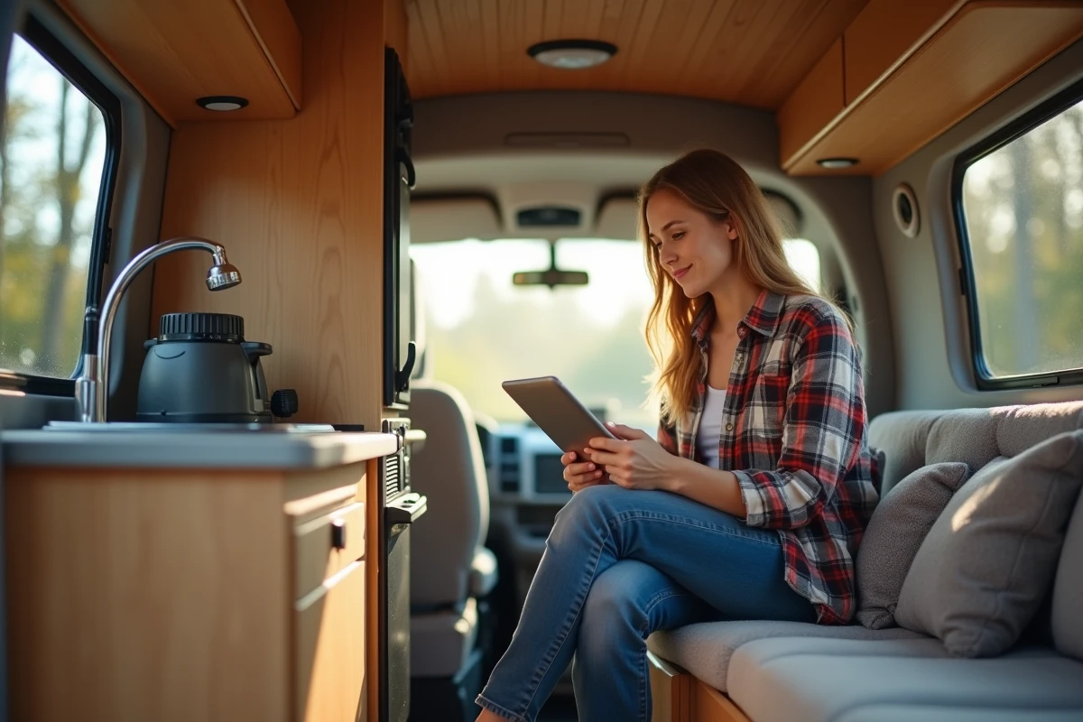 Femme dans un van aménagé contrôlant un système solaire