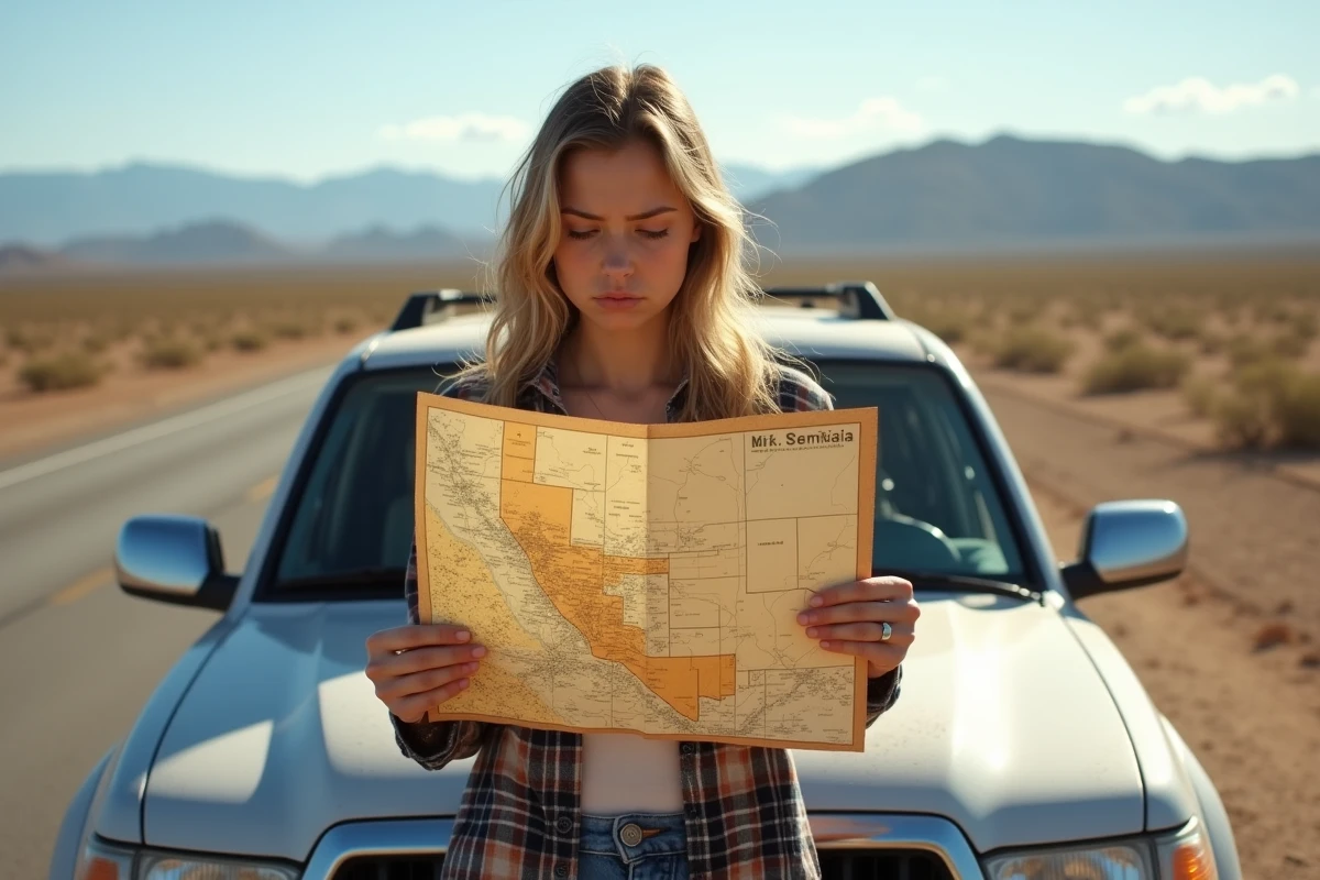Femme consultant une carte routière dépliée du Nevada appuyée sur un pick-up au bord d'une route désertique
