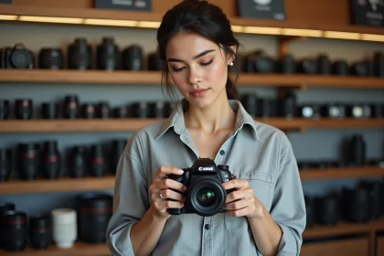 Femme comparant deux appareils photo reflex dans un magasin spécialisé pour choisir la meilleure marque