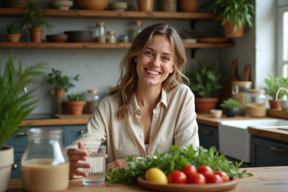 Femme souriante dans une cuisine rustique avec fruits et herbes