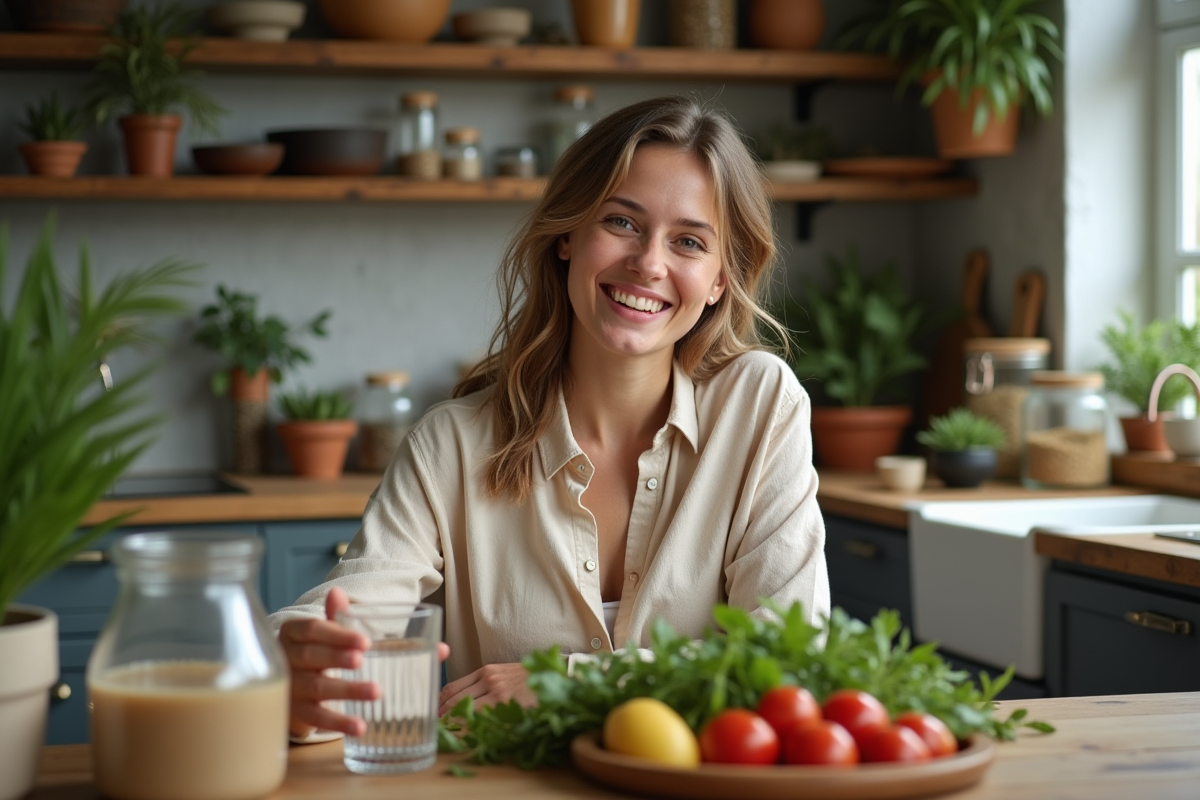 Femme souriante dans une cuisine rustique avec fruits et herbes