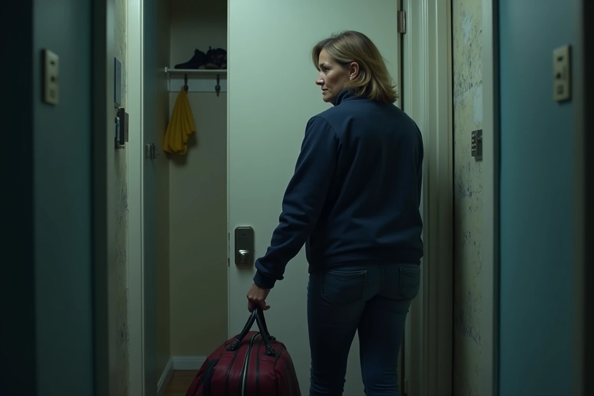Femme prête à partir avec un sac dans un couloir, illustrant la décision de quitter une relation avec un pervers narcissique