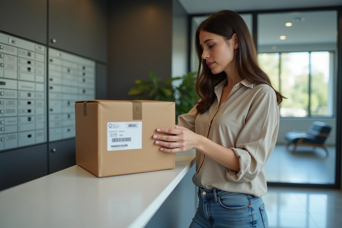 Femme curieuse examinant un colis dans un bureau moderne