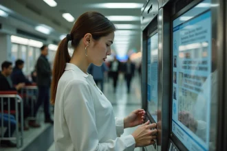 Femme frustrée devant un photomaton en gare, illustrant les erreurs courantes lors de l'utilisation d'un photomaton