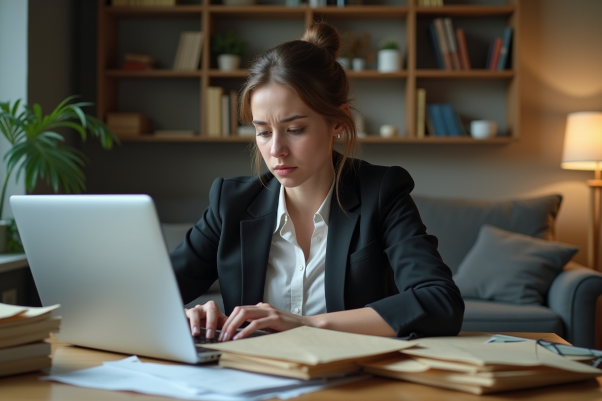 Jeune femme concentrée sur ses papiers dans un appartement