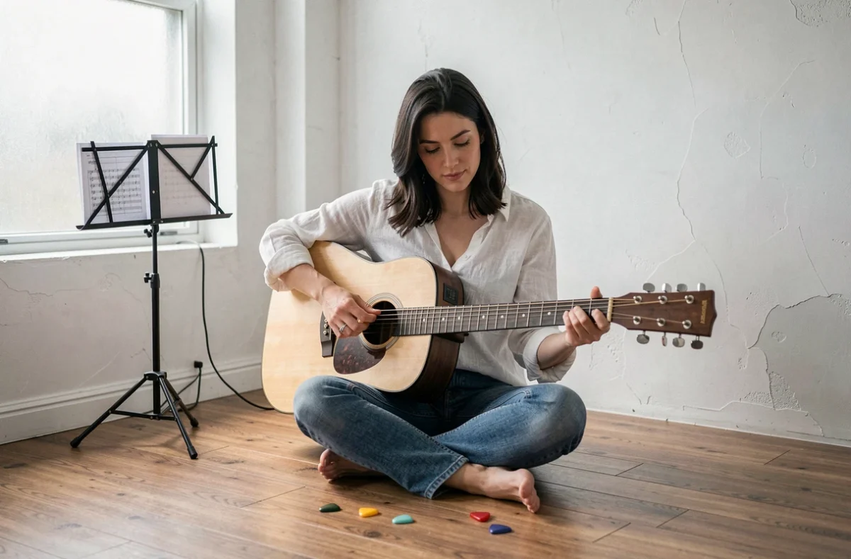 Femme guitariste étudiant une partition d'accords dans un studio de musique minimaliste