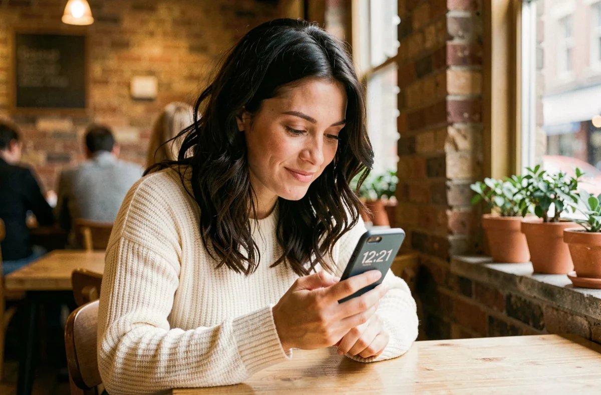 Femme regardant son téléphone affichant 12h21 dans un café cosy, expression pensive liée aux heures miroirs et à l'amour