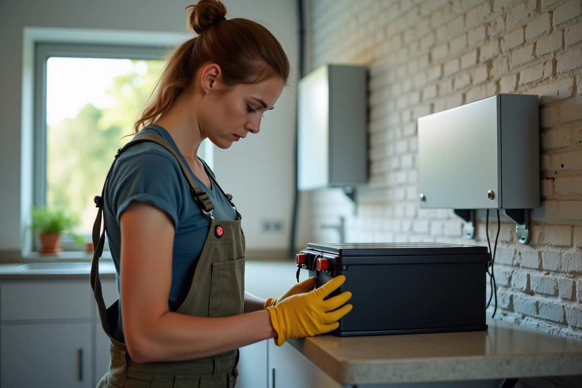 Jeune femme installant une batterie solaire dans une pièce pratique