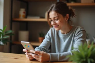 Femme concentrée jouant à un jeu de mots 4 images 1 mot sur smartphone à table en bois
