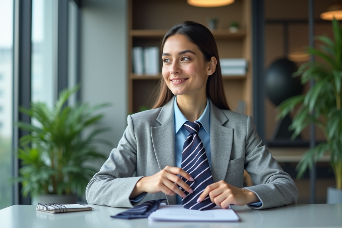 Jeune femme en blazer gris montrant comment faire un nœud de cravate