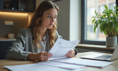 Jeune femme en tenue d'affaires examine des documents financiers