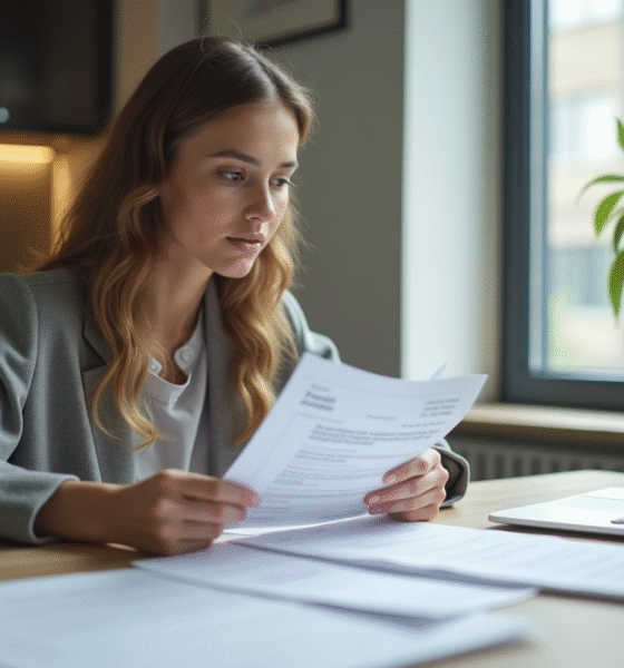 Jeune femme en tenue d'affaires examine des documents financiers
