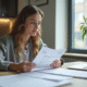 Jeune femme en tenue d'affaires examine des documents financiers