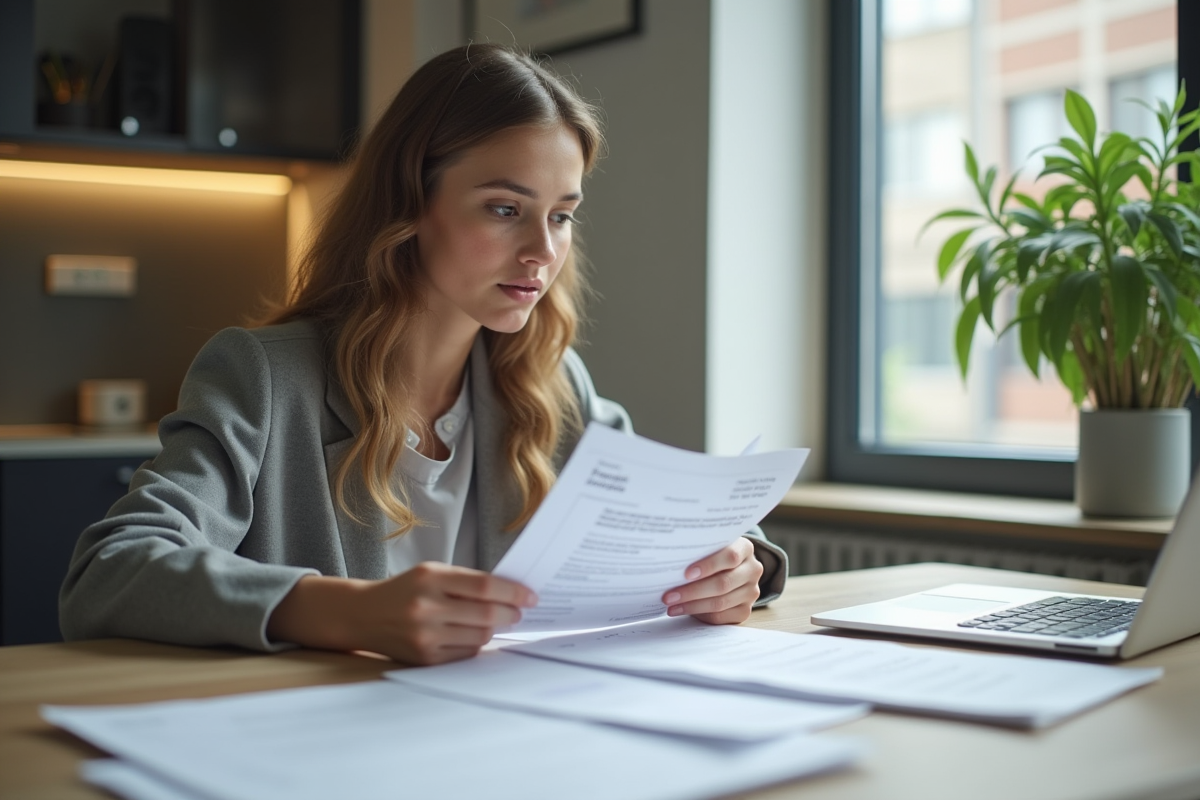 Jeune femme en tenue d'affaires examine des documents financiers