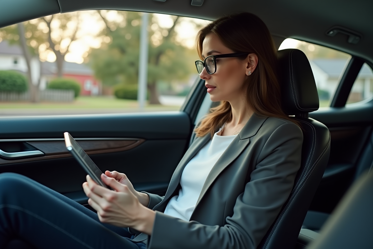 Femme lisant une tablette dans une voiture autonome
