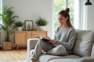 Femme lisant un livre dans un salon scandinave lumineux