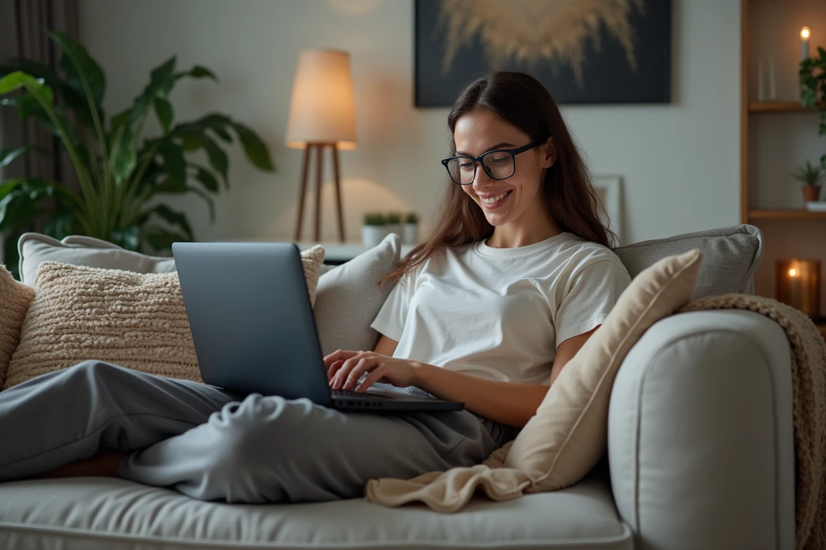 Femme détendue utilisant un ordinateur portable gaming dans son salon