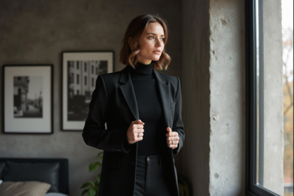 Femme élégante en noir dans un appartement moderne