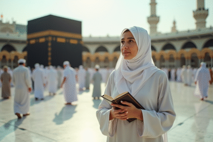Femme musulmane en hijab blanc devant la Kaaba à La Mecque