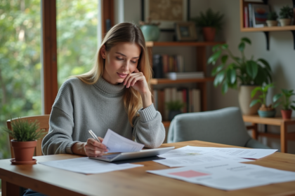 Femme organisée à la maison avec documents et tablette