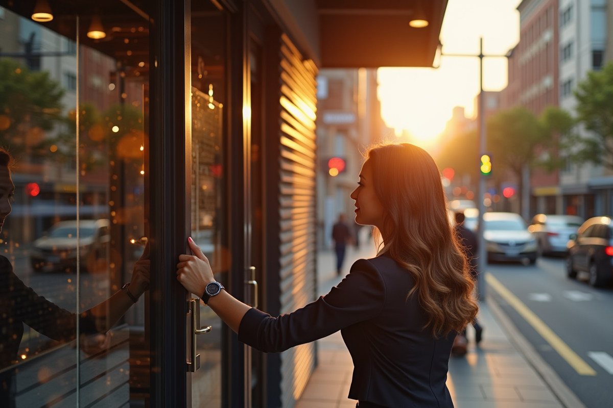 Jeune femme confiante ouvrant son café au lever du soleil