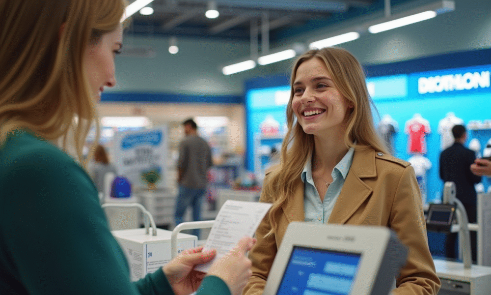 Jeune femme souriante payant avec vouchers dans un Decathlon lumineux