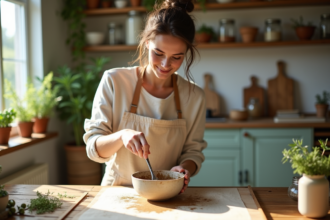 Jeune femme mélangeant de la peinture naturelle dans la cuisine