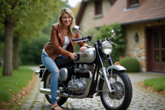 Femme souriante polissant une moto 125 Dax dans la nature
