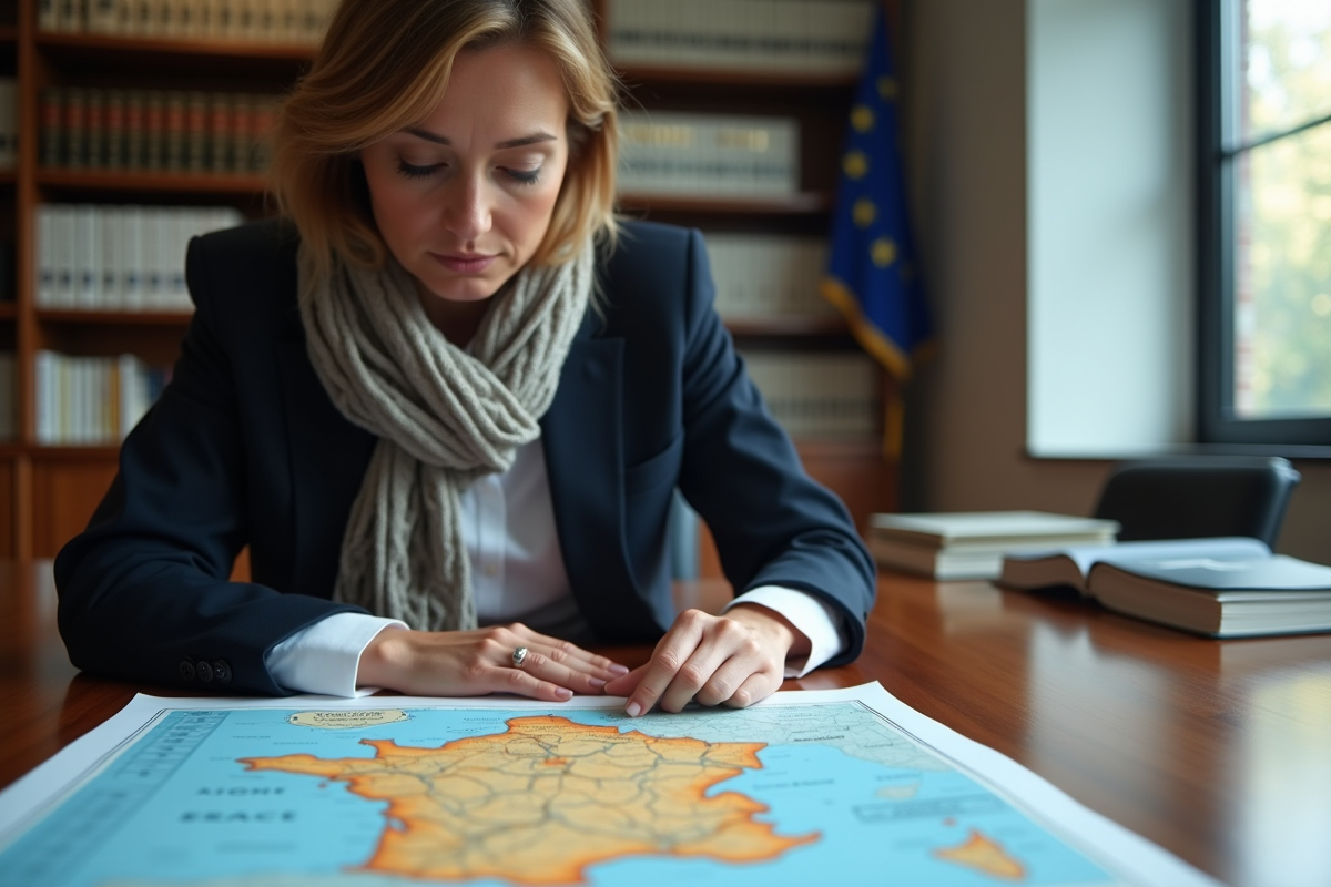 Femme professionnelle étudiant une carte de France en bureau