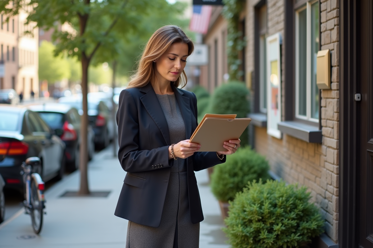 Femme cherchant une location devant un immeuble ancien en ville