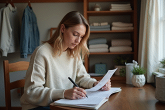 Femme assise relisant ses reçus dans un appartement cosy