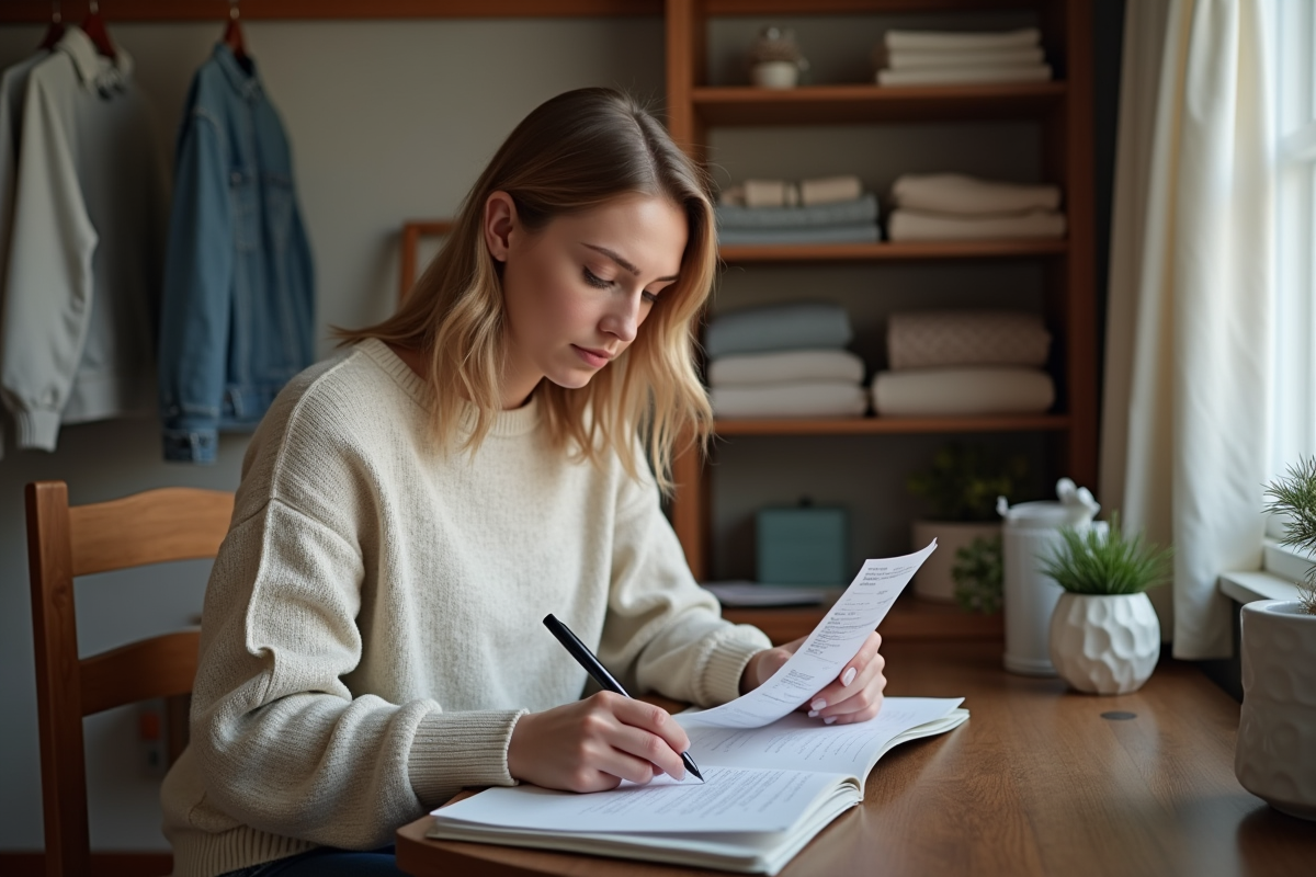 Femme assise relisant ses reçus dans un appartement cosy